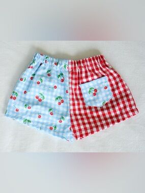 Handmade Kids Cherry Gingham Shorts - Blue & Red